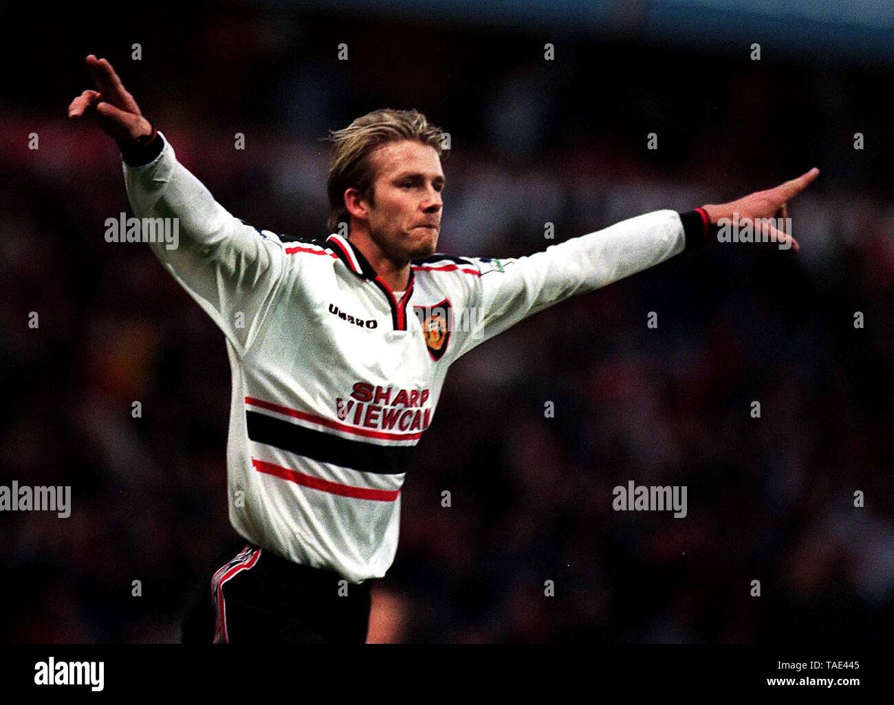 File photo dated 14-04-1999 of Manchester United's David Beckham celebrates  after scoring against Arsenal at Villa Park in the FA Cup semi-final replay  Stock Photo - Alamy