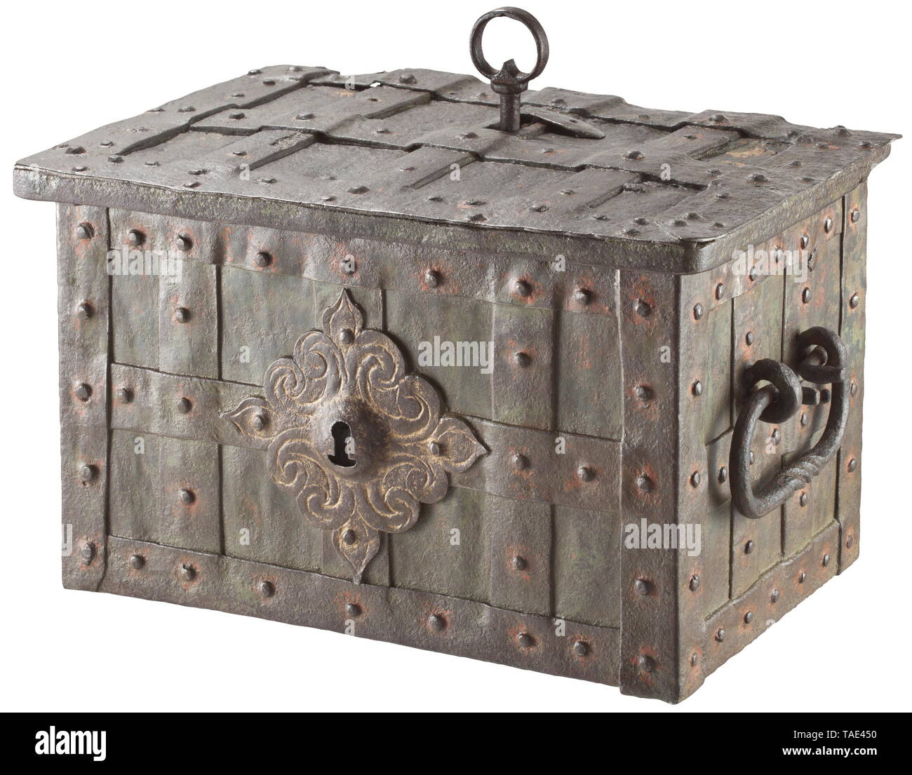A small German war chest, circa 1700 Rectangular sheet iron body with iron strap fittings. Fake keyhole with richly decorated escutcheon at the front. Two movable side handles. The hinged lid with central keyhole, spring-loaded cover plate. Lock mechanism consisting of four locks, chaplet with preserved ward and original hollow shank key. Screw-mounted cover plate with engraved and blued rocaille decoration. The interior coated with old red lead paint. Dimensions 23.5 x 39 x 27 cm. historic, historical, handicrafts, handcraft, craft, object, obje, Additional-Rights-Clearance-Info-Not-Available Stock Photo