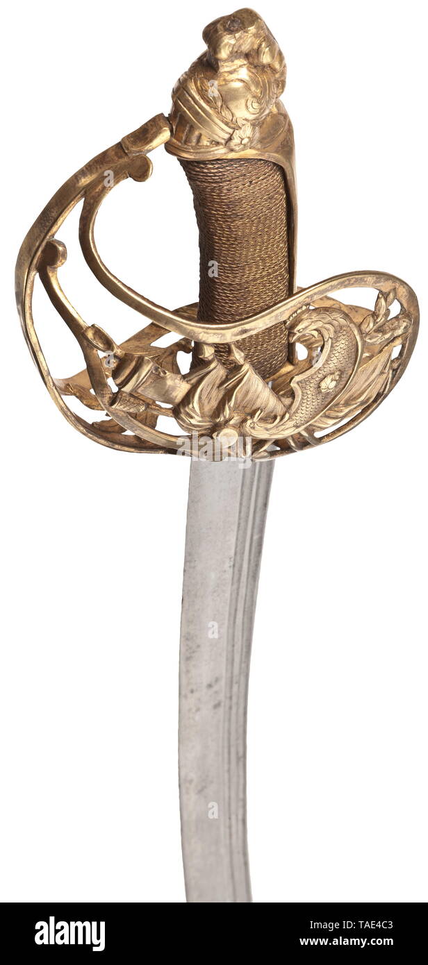 An officer's sabre, Revolutionary Period Curved single-edged blade with double fullers, the gilt openwork basket hilt with weapons trophies consisting of captured flags, a cannon with associated paraphernalia, a mace and a shield bearing the Revolutionary symbol of cockerel heads, the guard plate formed of laurel branches, helmet pommel, gilt grip winding. Leather scabbard with brass fittings. Length 92 cm. Revolutionary Period sabre in splendid condition. historic, historical, 18th century, Europe, Additional-Rights-Clearance-Info-Not-Available Stock Photo