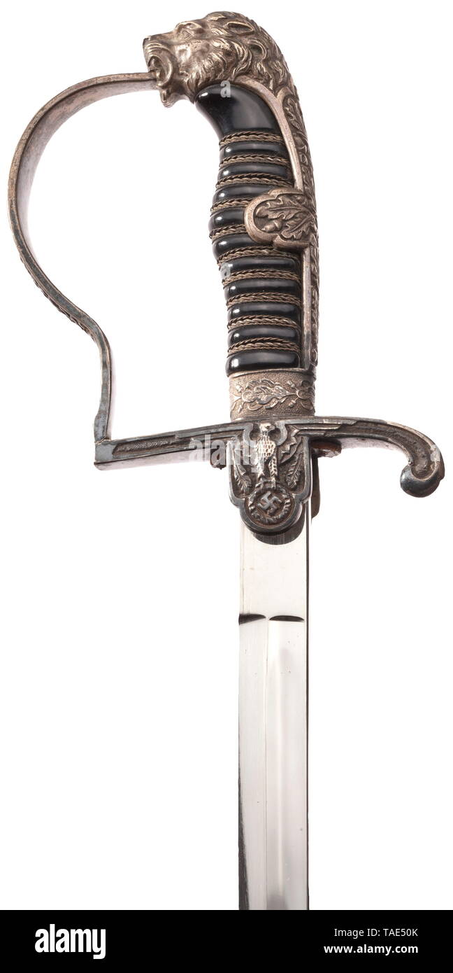 A lion-headed sabre for officers in the Allgemeine SS maker Alcoso, Solingen Very well preserved, nickel plated blade with reverse maker logo, nickel silver knuckle-bow guard in rich relief (guard broken at the base), silvered relief-worked national eagle on the obverse languet, the opposite side with engraved wearer's monogram 'RG', lion head pommel. Black plastic grip with wire wrap. Burnished steel scabbard (rubbed). Signs of usage and age. Length ca. 109 cm. A rare edged weapon. historic, historical, 20th century, 1930s, 1940s, Waffen-SS, armed division of the SS, armed, Editorial-Use-Only Stock Photo