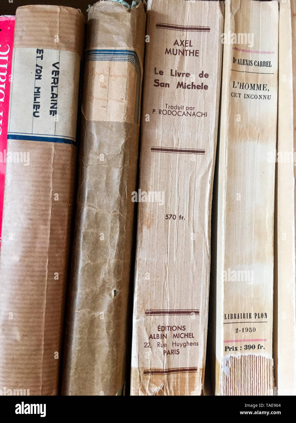 Old books spines, private bookcase, Lyon, France Stock Photo Alamy
