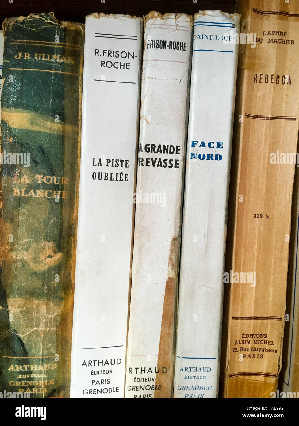 Old books spines, private bookcase, Lyon, France Stock Photo Alamy