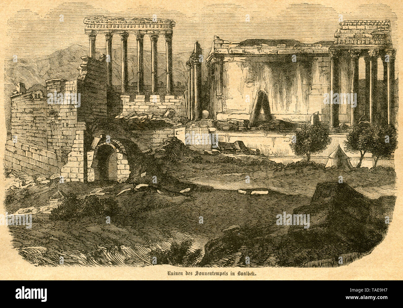 Asien , Libanon, Baalbek, Ruinen des Sonnentempels in Baalbek, Illustration aus : Illustrirtes Konversations-Lexikon ' ; Vergleichendes Nachschlagebuc Stock Photo