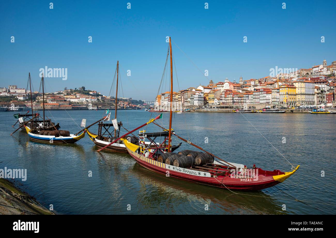 Rabelo boats, port wine boats on the Rio Douro, Porto, Portugal Stock Photo