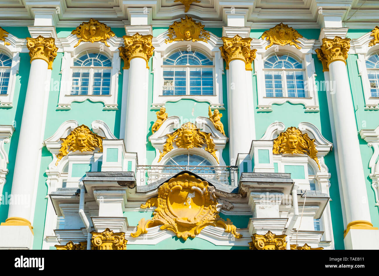 St Petersburg, Russia - April 5, 2019. Winter Palace and Hermitage Museum Building, closeup facade view with sculptural details Stock Photo
