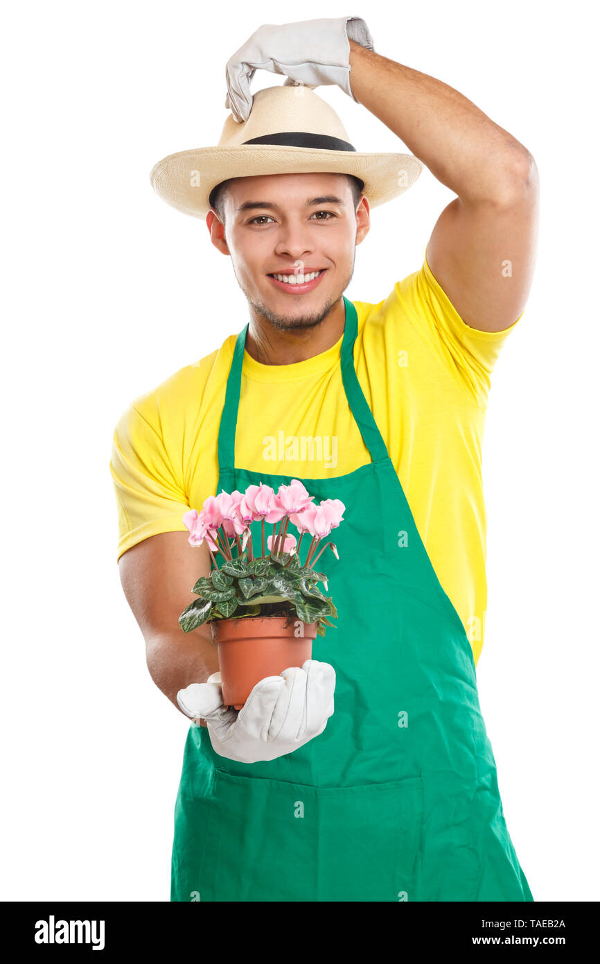 Gardener gardner flower gardening garden occupation thumbs up isolated on a white background Stock Photo