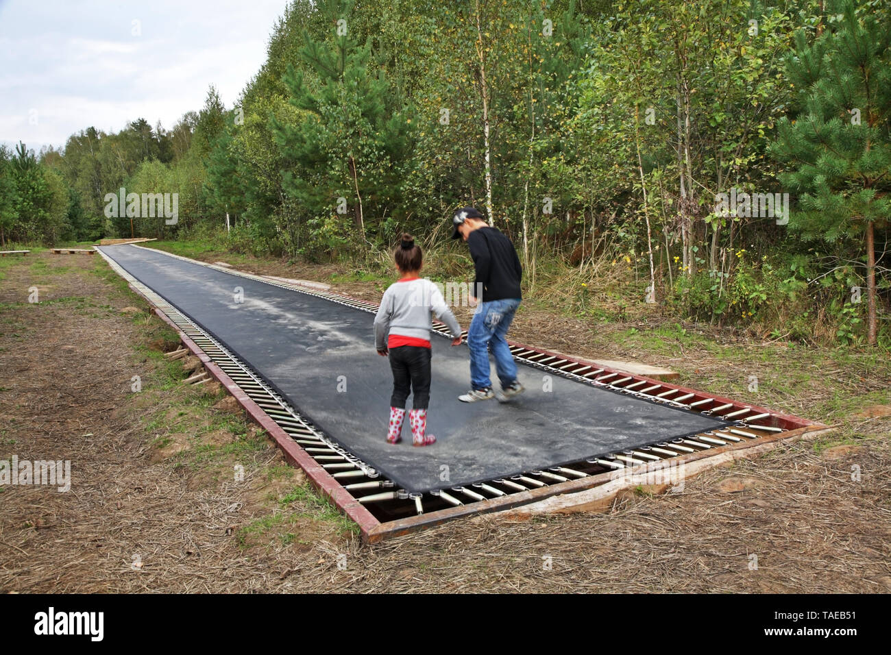 Art object Fast Track in Nikola-Lenivets village. Kaluga oblast. Russia Stock Photo