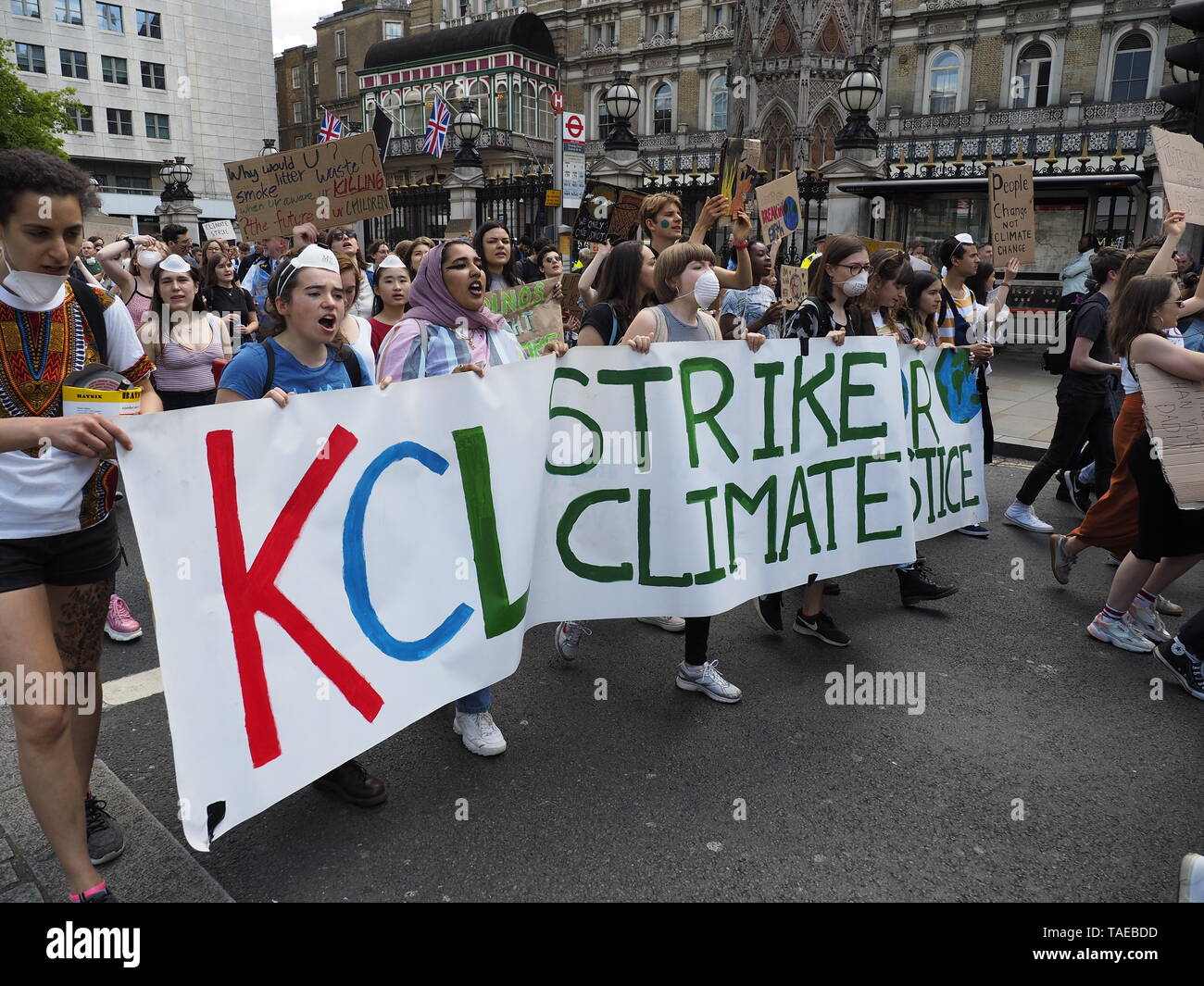 London, UK. 24th May, 2019. Students from Kings College London march for action on climate change along the Strand to meet up with the main protest event. Credit: Alan Gallery. Stock Photo