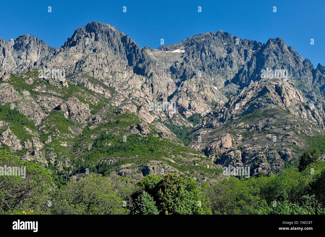 From Bocognano, view on the granite relief of the Corsican mountain ...