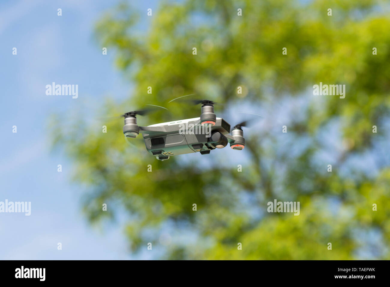 Drone copter, DJI Spark, flying with high resolution digital camera, hovering and passing trees. Stock Photo