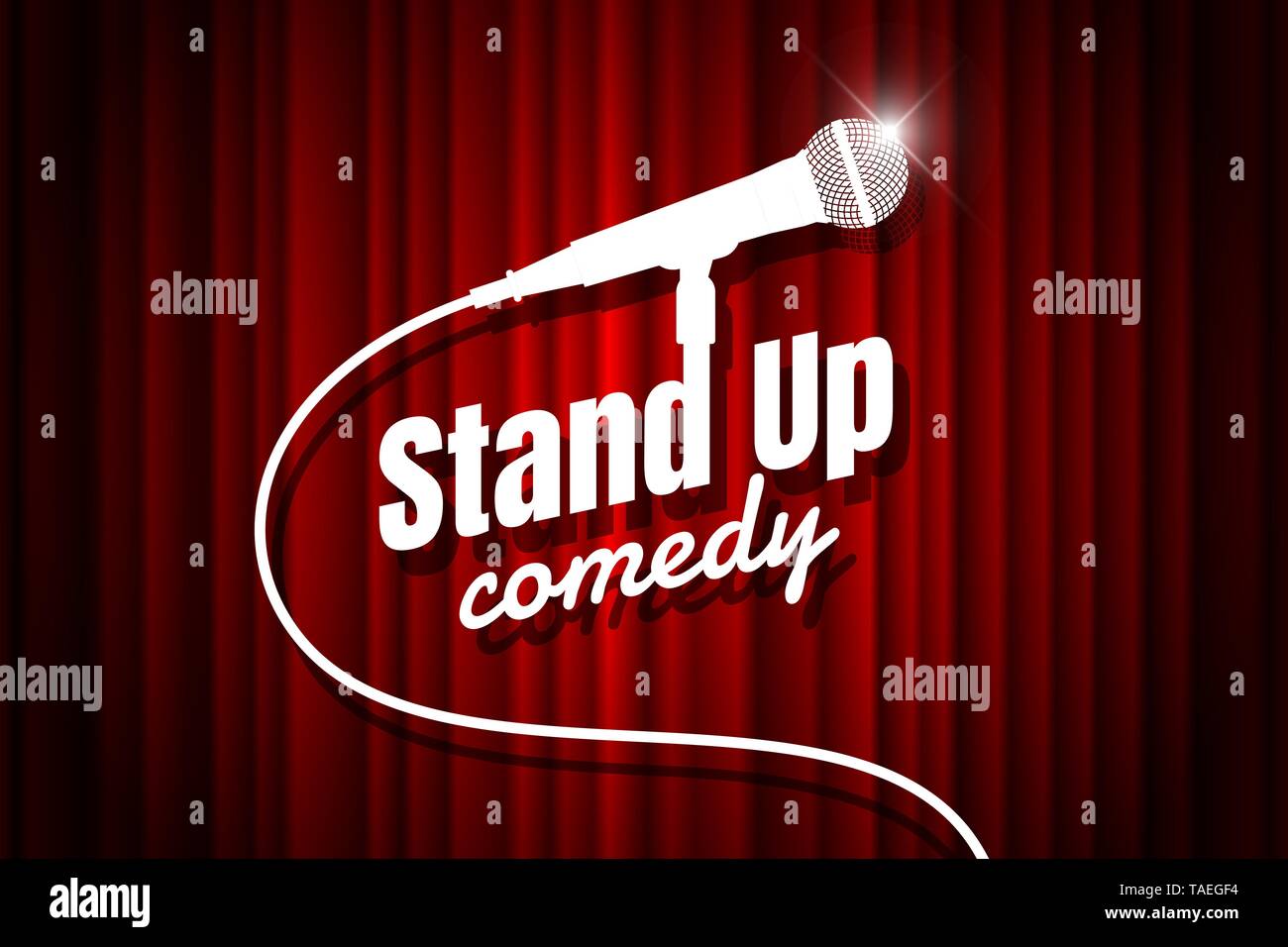 Stand up comedy night live show open mic on empty theatre stage. Microphone against red curtain backdrop. Vector art image illustration Stock Vector