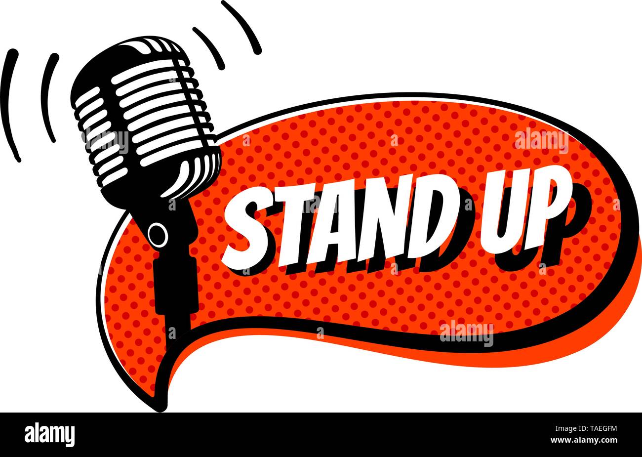 Stand up comedy show sign. Retro studio table microphone with inscription on red comics bubble. Vintage vector illustration Stock Vector