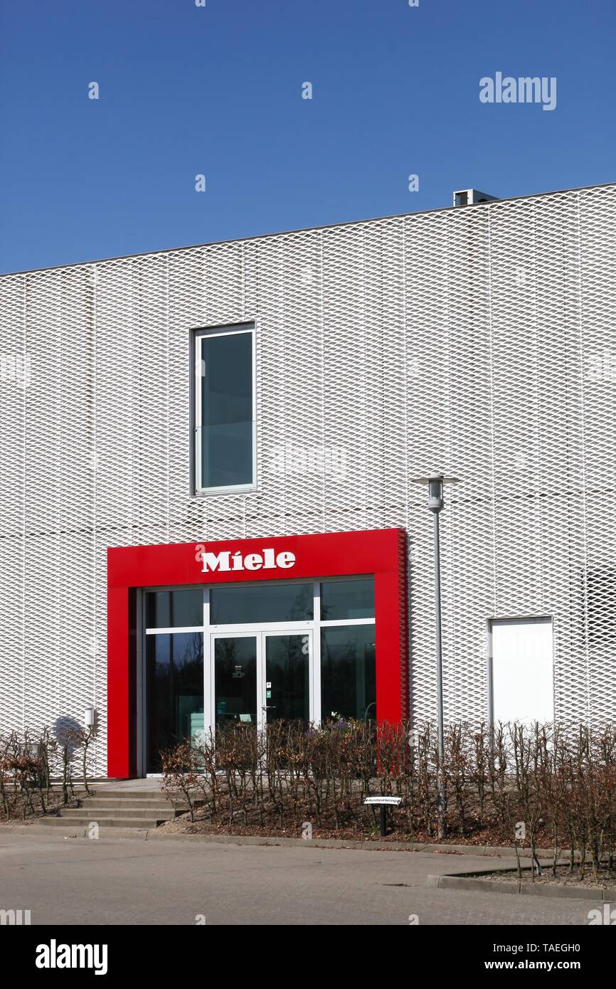 Vejle, Denmark - April 21, 2018: Miele office building. Miele is a German based manufacturer of high-end domestic appliances Stock Photo