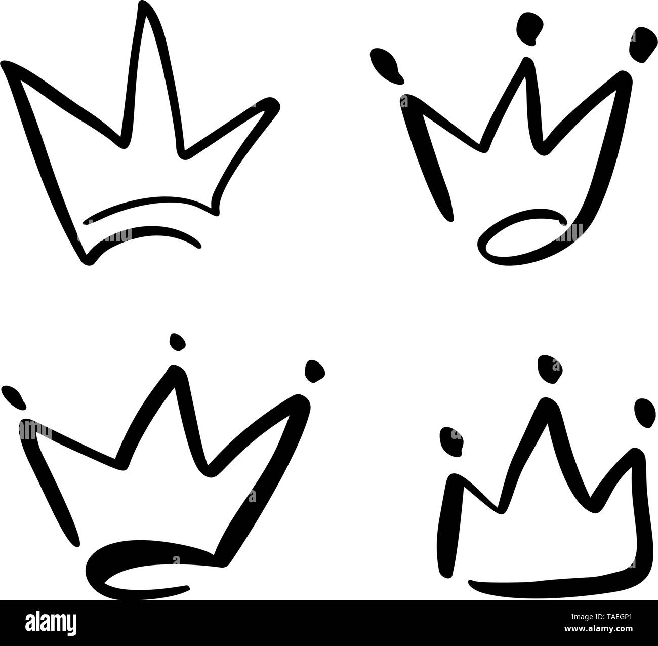 Set of hand drawn symbol of a stylized crown. Drawn with a black ink and brush. Vector illustration isolated on white. Logo design. Grunge brush Stock Vector