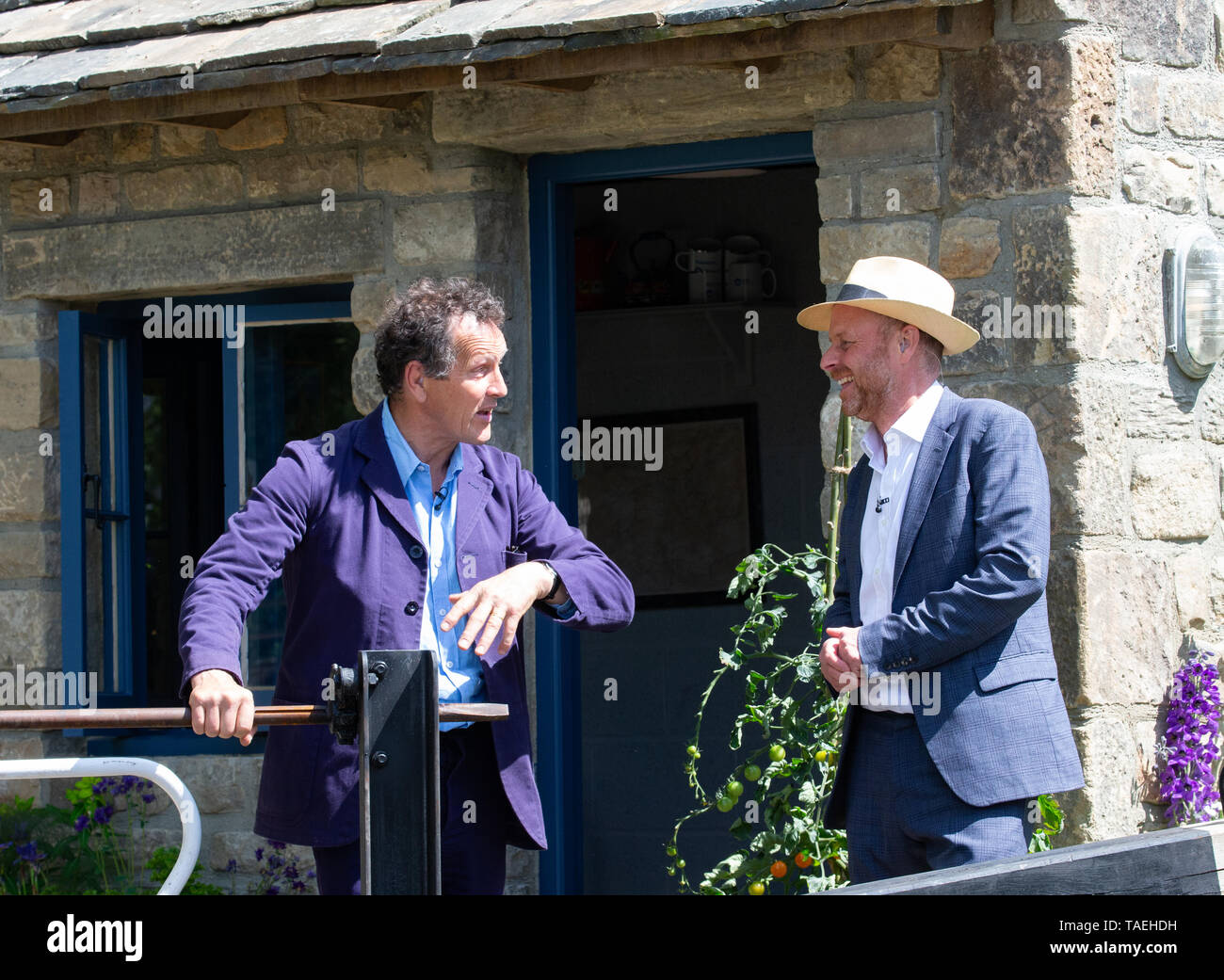 BBC Presenters, Monty Don and Joe Swift at the 'Welcome to Yorkshire garden' at the Chelsea Flower Show. This garden won gold and the People's Choice. Stock Photo