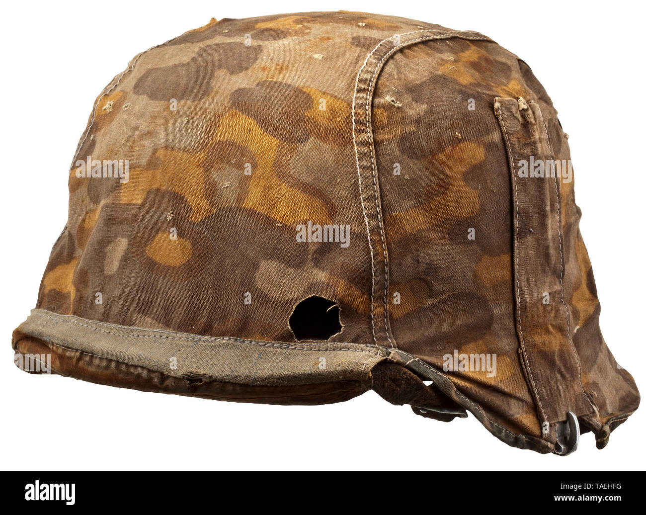 A Helmet Cover In Plane Tree Camouflage Pattern Type 1 Changeable From The Brown Autumn To The Greenish Summer Side Aluminium Hooks One Missing For Attachment To The Steel Helmet With Frontal