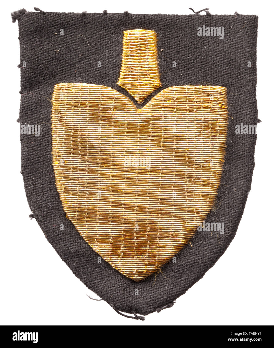 A sleeve badge for a general officer in the Reich Leadership (Reich Labour Service) or in his staff Feines, schwarzes Leinen, der reliefierte Spaten aus Goldfäden handgestickt. historic, historical, 20th century, Additional-Rights-Clearance-Info-Not-Available Stock Photo