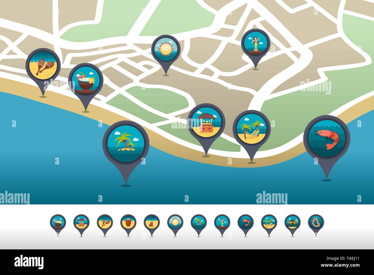 Island beach vector pin map icon located on the map. Summer time Map ...