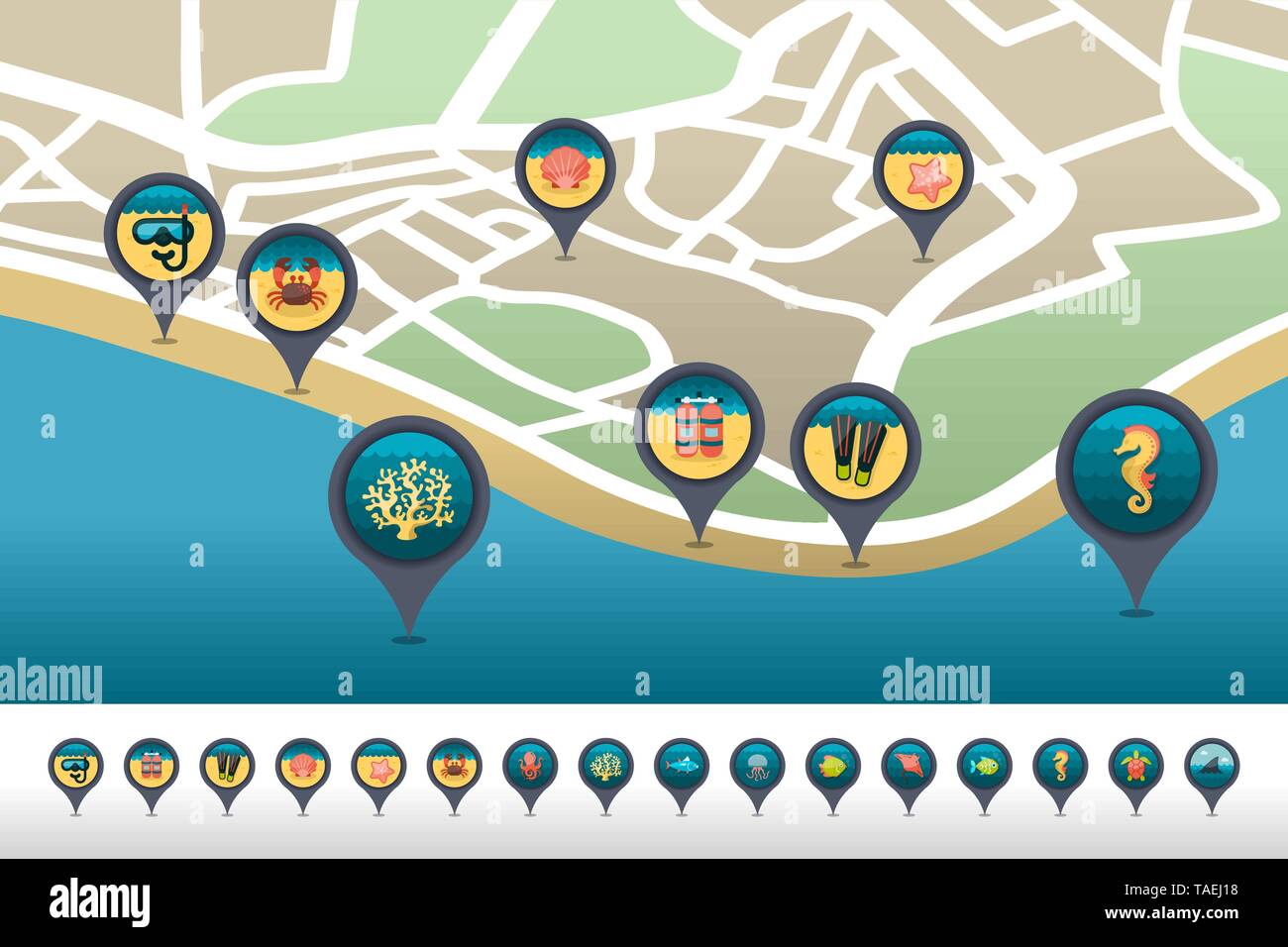 Diving vector pin map icon located on the map. Summer time Map pointer ...
