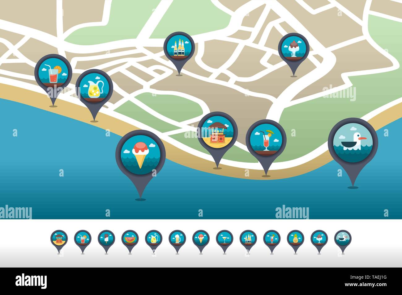 Bar beach vector pin map icon located on the map. Summer time Map ...