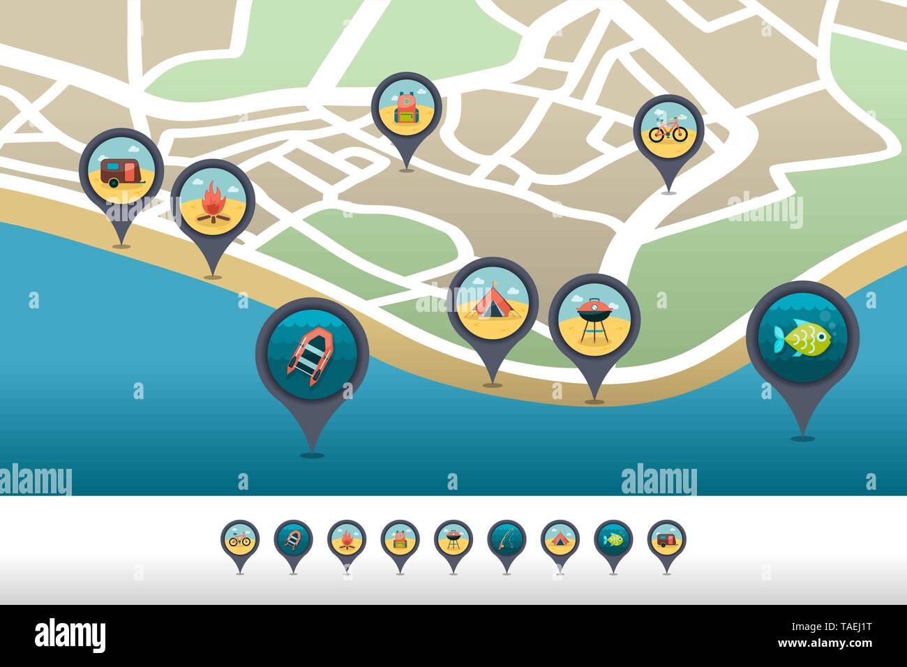 Summer camping vector pin map icon located on the map. Summer time Map ...