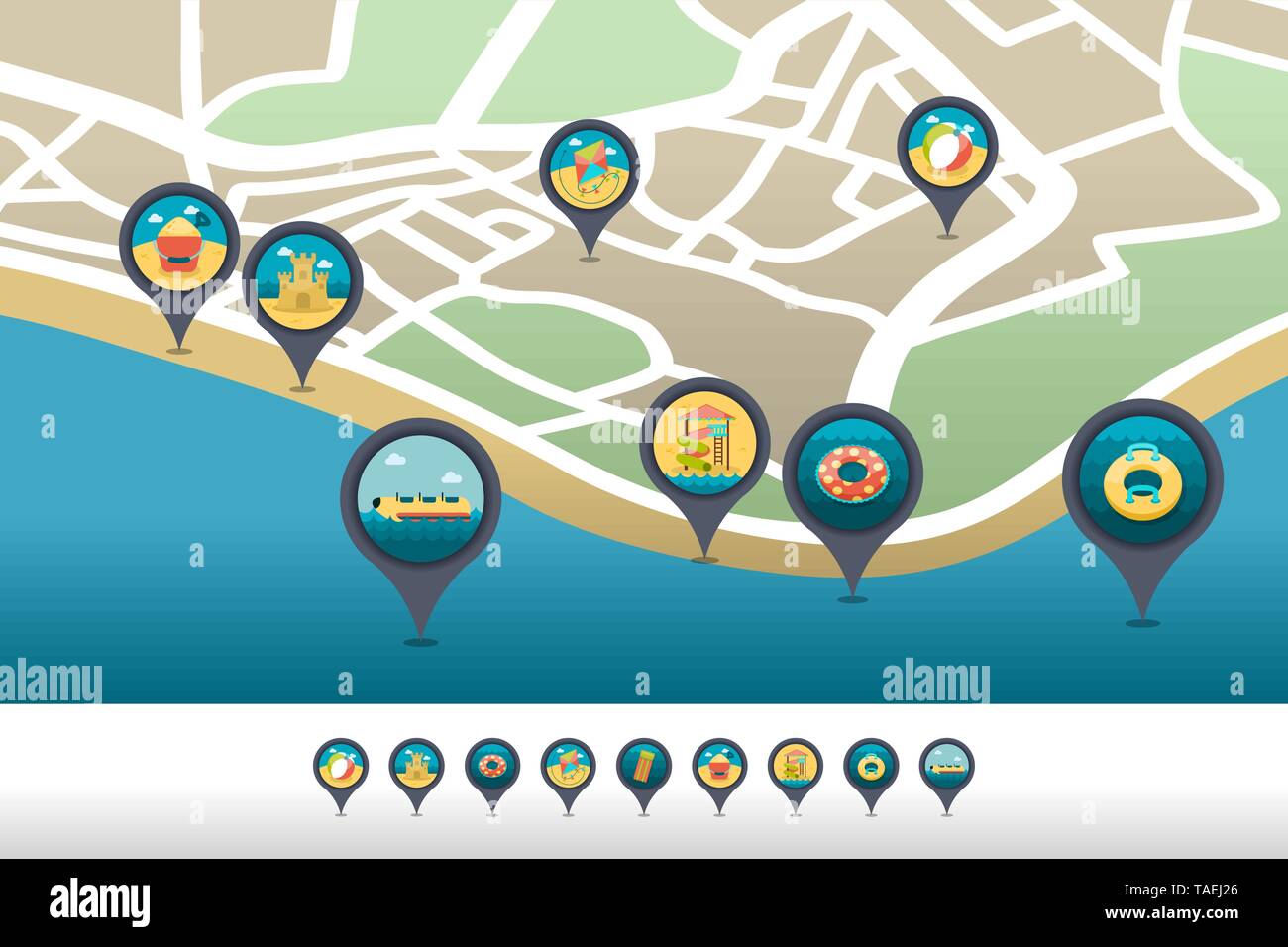 Beach entertainment vector pin map icon located on map. Summer time Map ...