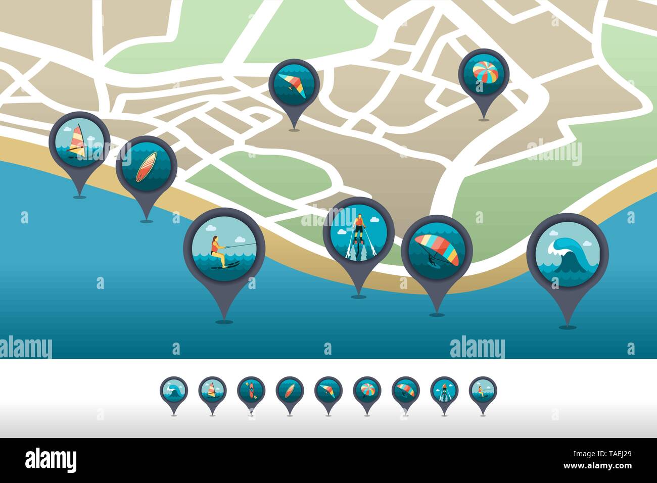 Extreme Water Sport beach vector pin map icon located on the map ...