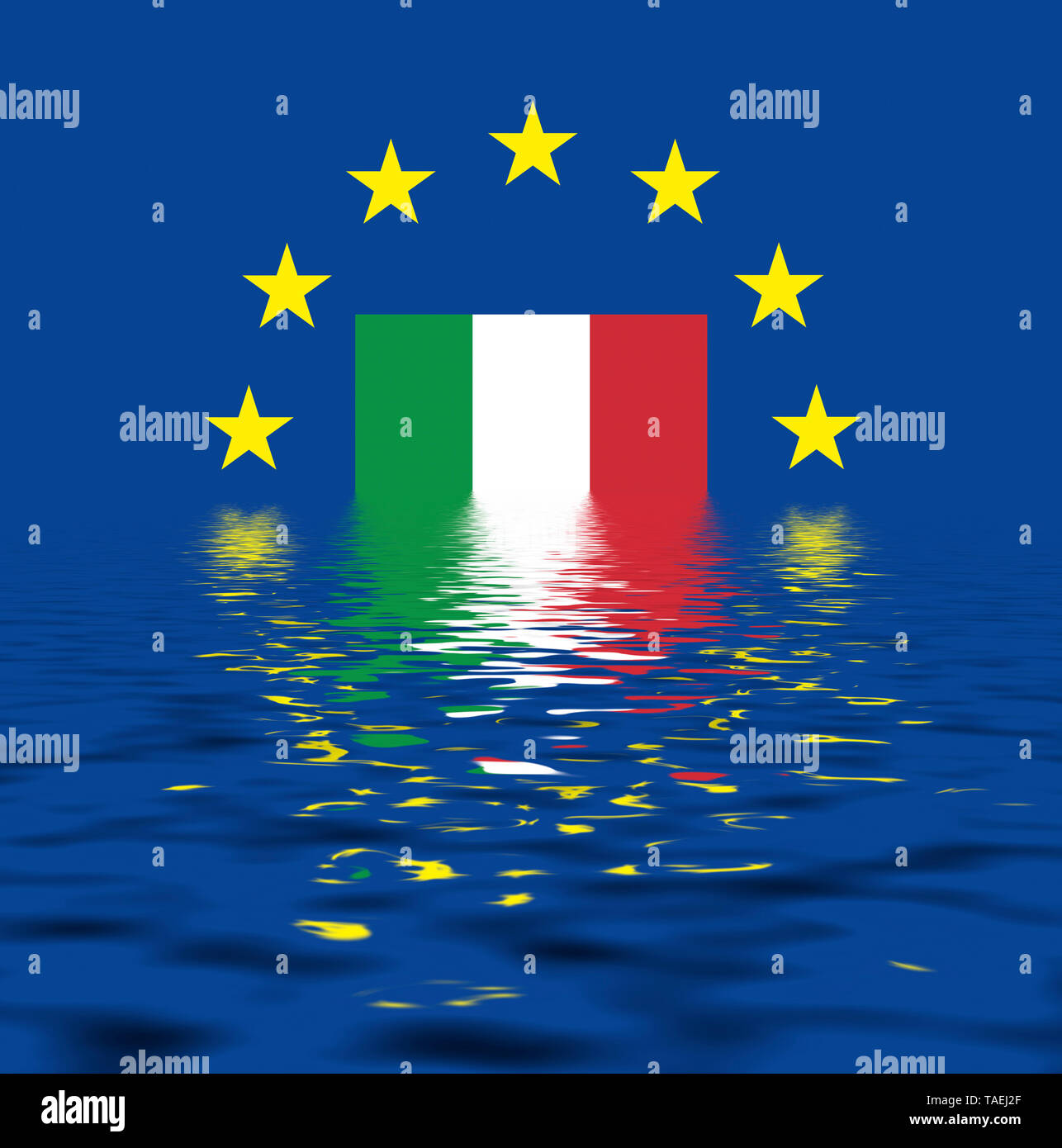 EU-Zeichen mit der Flagge von Italien, die Sterne schützen symbolisch das Land Italien, Symbolfoto für Europa, alles versinkt im Wasser Stock Photo