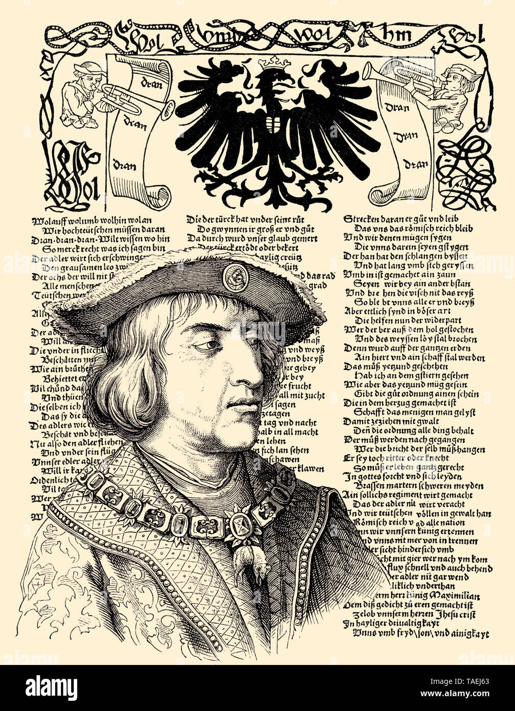 Maximilian I von Habsburg with Propaganda leaflet, 1507, Emperor of the Holy Roman Empire Stock Photo