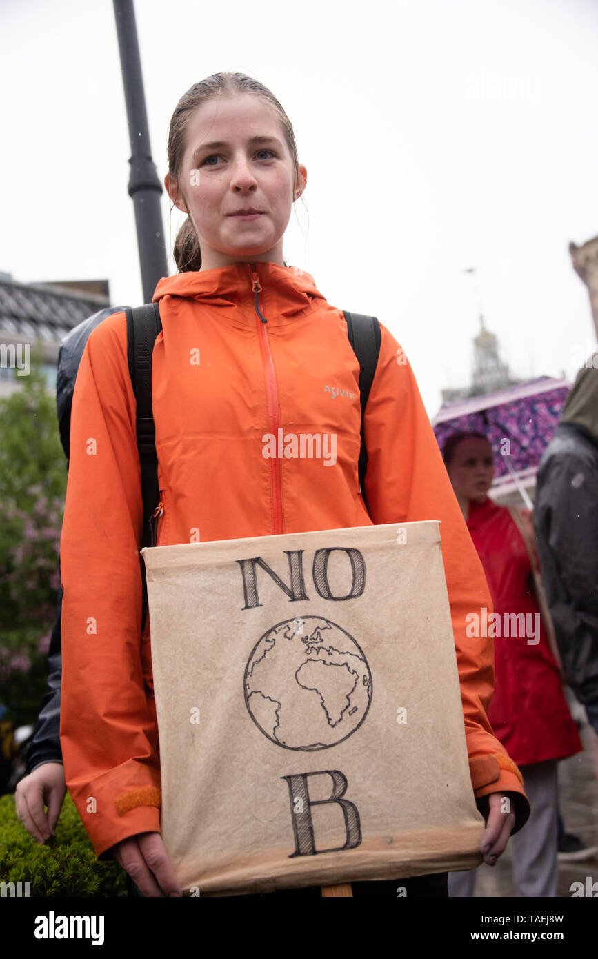 OSLO - MAY 24, 2019: A student carries a sign reading 'No [planet] B' as thousands march in the School Strike for the Climate in Oslo, Norway, May 24, 2019. Stock Photo