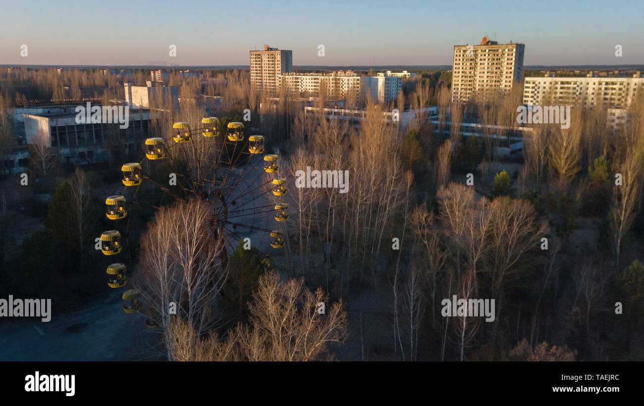 Drone image taken over the amusement park at Pripyat, Ukraine, inside the Chernobyl Exclusion Zone Stock Photo