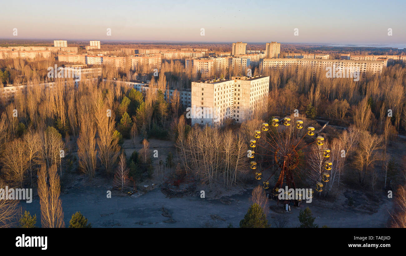 Drone image taken over the amusement park at Pripyat, Ukraine, inside the Chernobyl Exclusion Zone Stock Photo