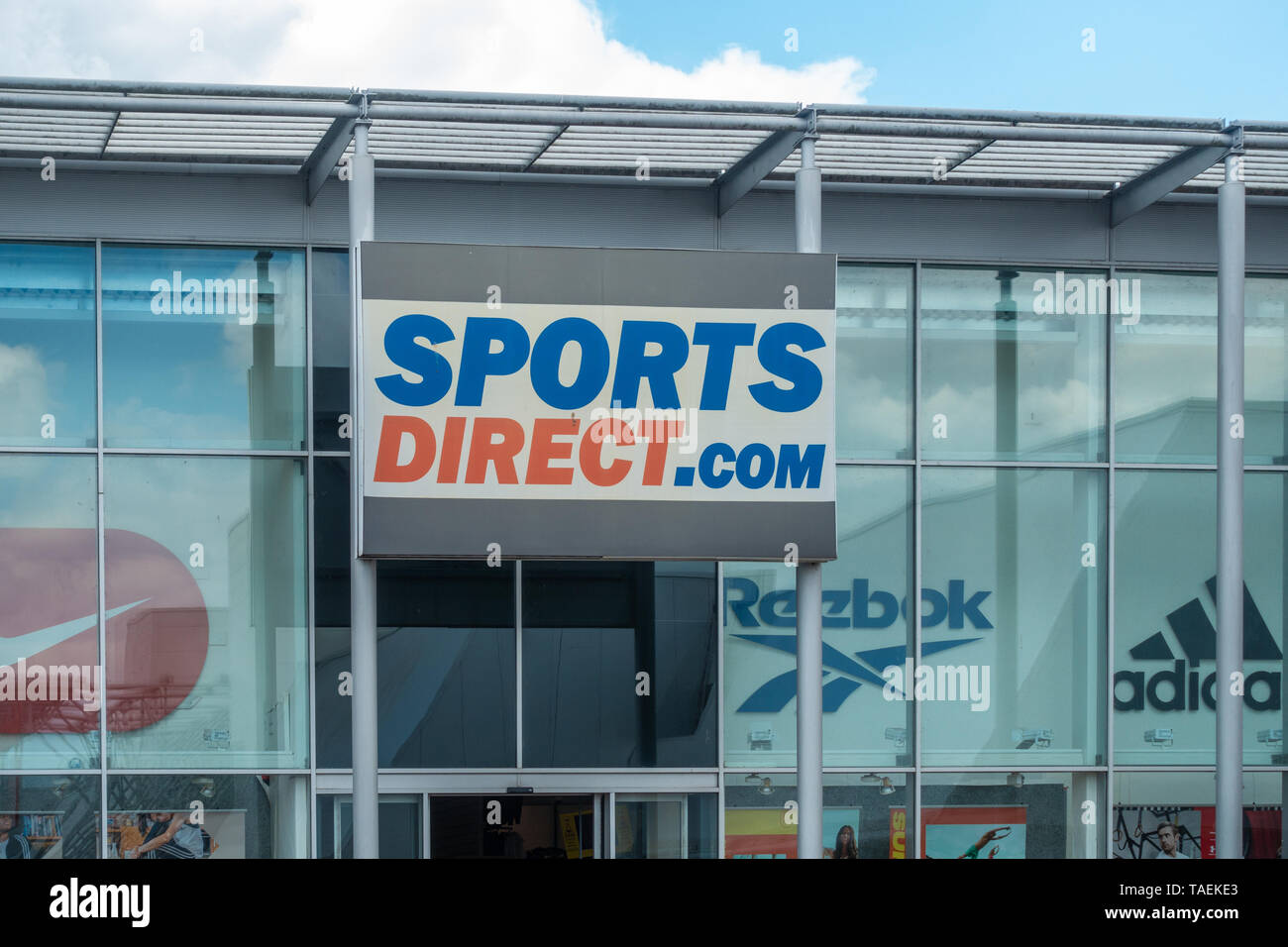 The front facade of the Sports Direct store at Calcot in Reading, UK