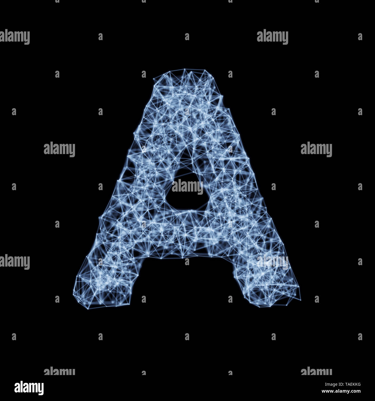 Abstract mesh line and point light alphabet character A font. Block chain digital link network technology illuminated shape. Big data node base concep Stock Photo