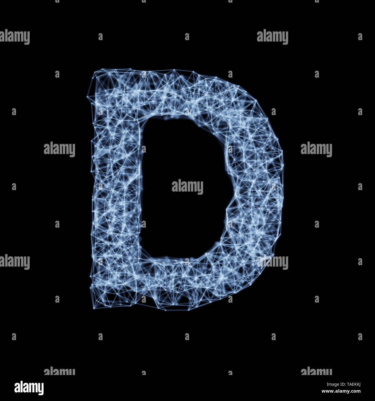 Abstract mesh line and point light alphabet character D font. Block chain digital link network technology illuminated shape. Big data node base concep Stock Photo