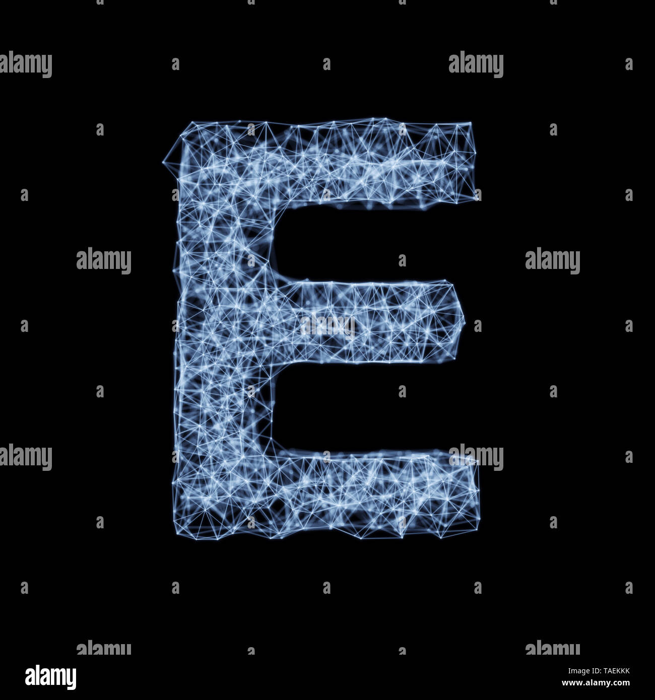 Abstract mesh line and point light alphabet character E font. Block chain digital link network technology illuminated shape. Big data node base concep Stock Photo