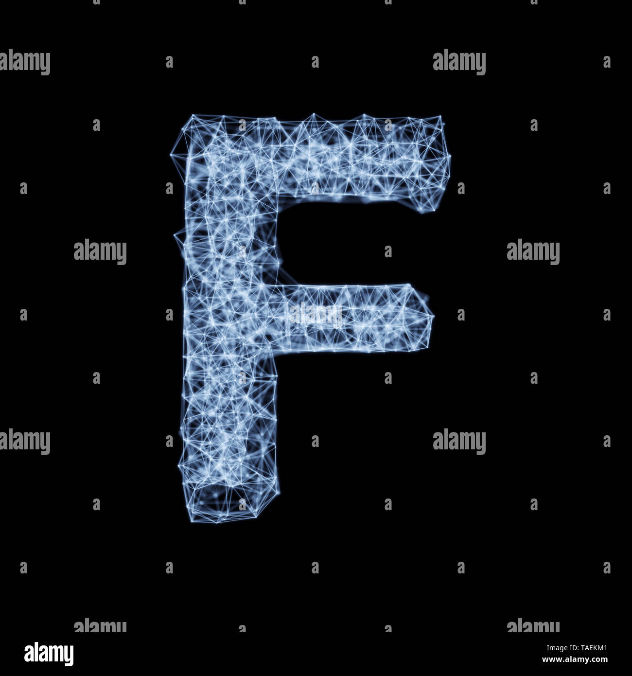 Abstract mesh line and point light alphabet character F font. Block chain digital link network technology illuminated shape. Big data node base concep Stock Photo