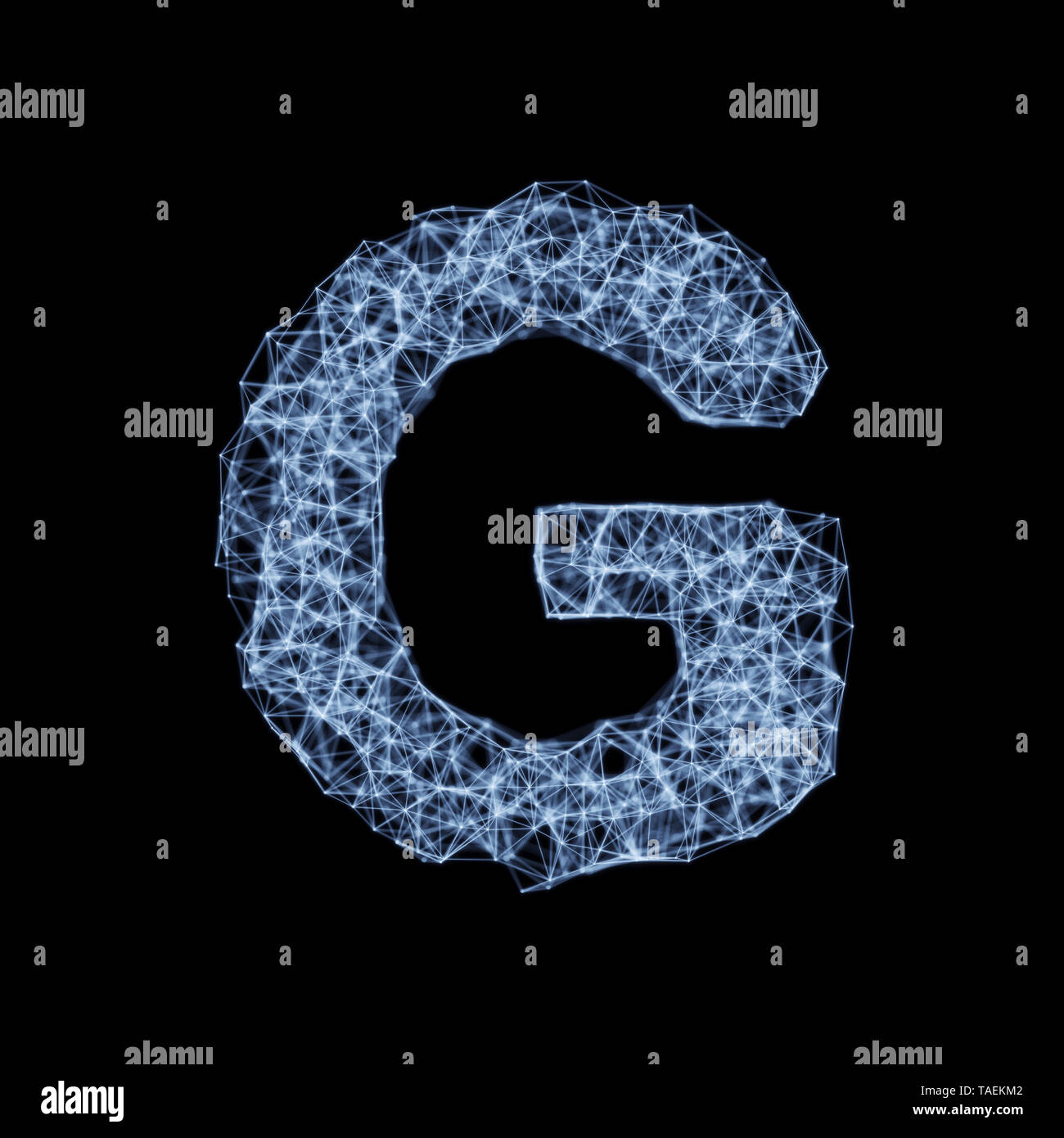 Abstract mesh line and point light alphabet character G font. Block chain digital link network technology illuminated shape. Big data node base concep Stock Photo