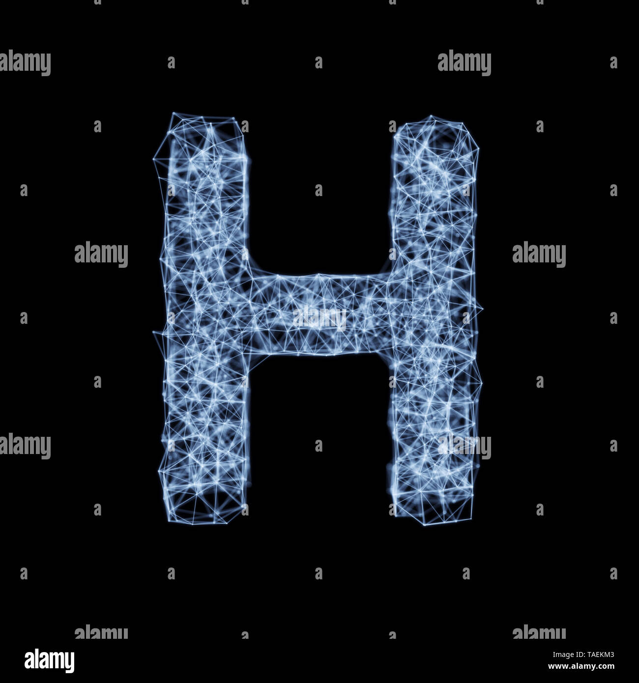 Abstract mesh line and point light alphabet character H font. Block chain digital link network technology illuminated shape. Big data node base concep Stock Photo