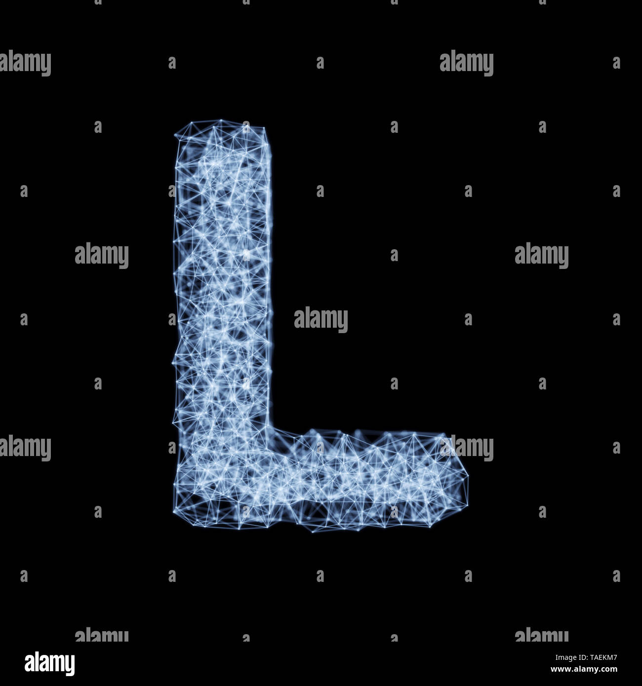 Abstract mesh line and point light alphabet character L font. Block chain digital link network technology illuminated shape. Big data node base concep Stock Photo