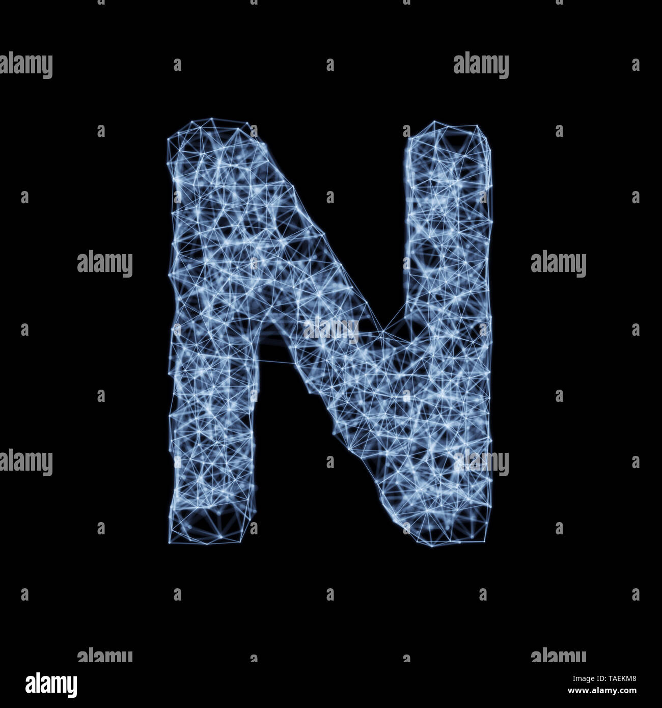 Abstract mesh line and point light alphabet character N font. Block chain digital link network technology illuminated shape. Big data node base concep Stock Photo