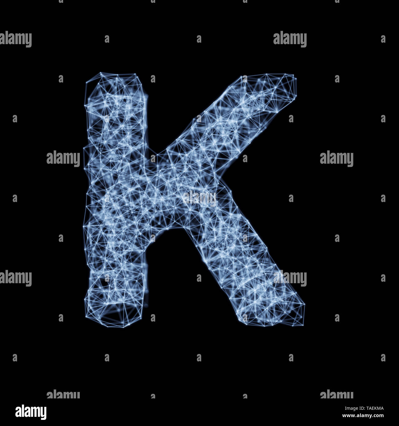 Abstract mesh line and point light alphabet character K font. Block chain digital link network technology illuminated shape. Big data node base concep Stock Photo