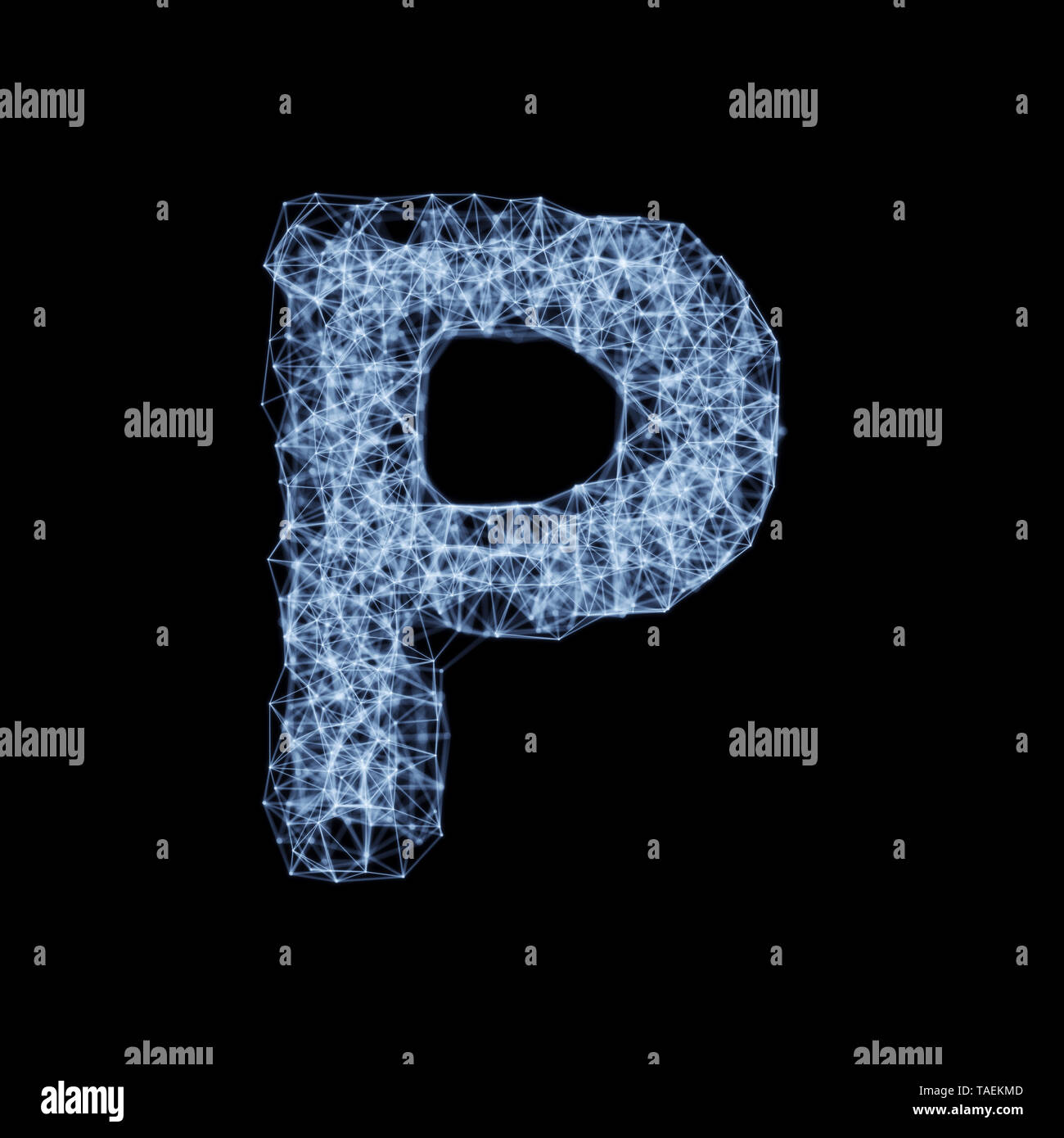Abstract mesh line and point light alphabet character P font. Block chain digital link network technology illuminated shape. Big data node base concep Stock Photo