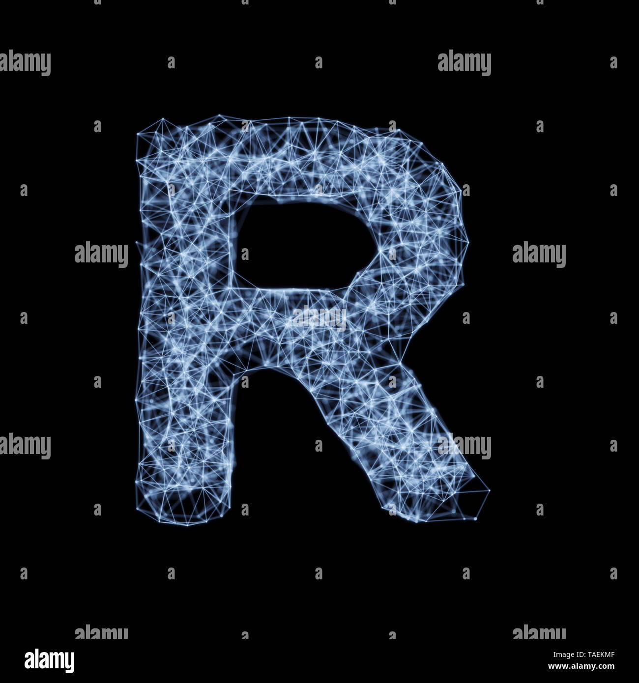 Abstract mesh line and point light alphabet character R font. Block chain digital link network technology illuminated shape. Big data node base concep Stock Photo