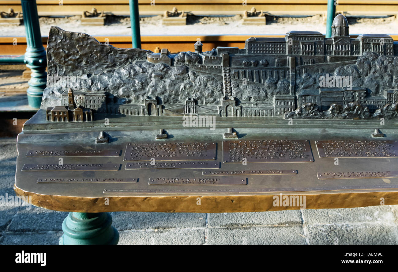 Budapest, HUNGARY - FEBRUARY 15, 2015 - Relief panorama of Budapest with descriptions in Braille for visually impaired people Stock Photo