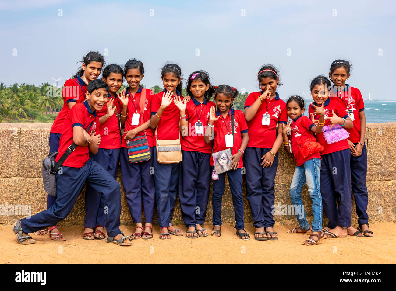 Horizontal view of a group of school children in India. Stock Photo