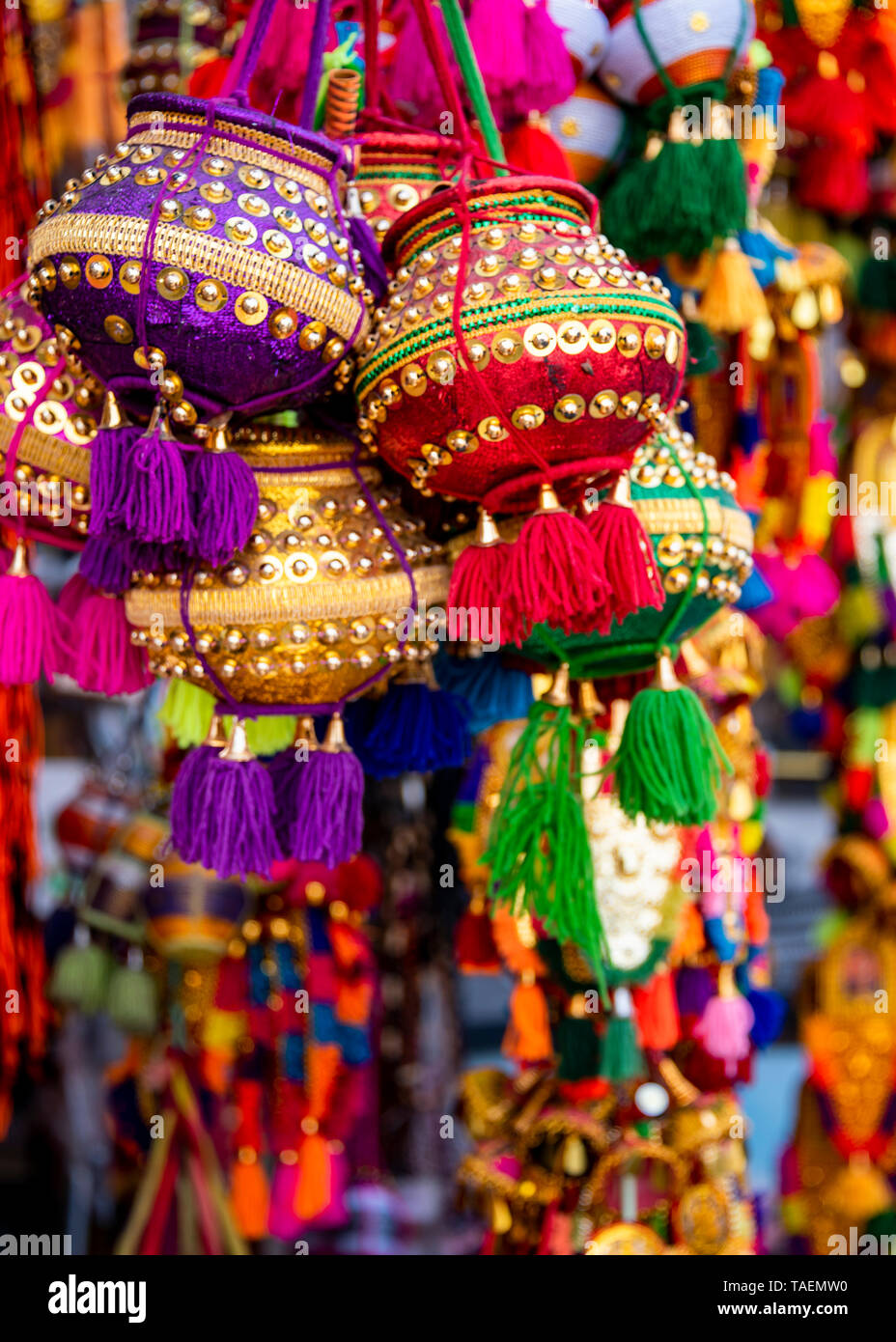 Vertical view of Pongal decorations on sale in India. Stock Photo