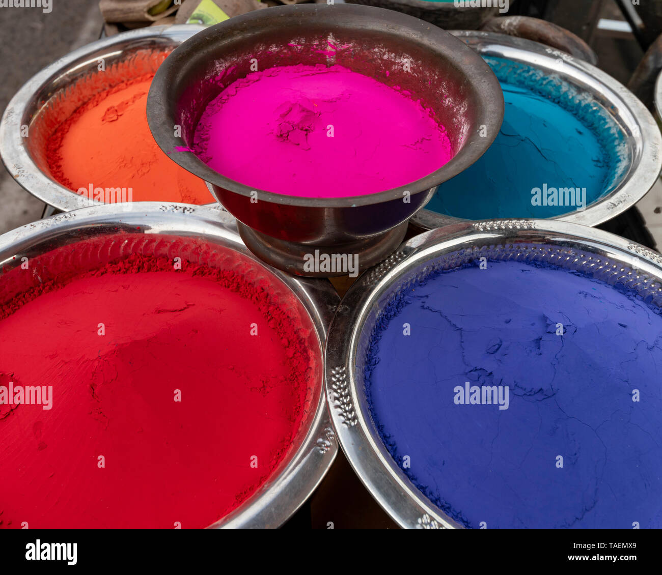 Square view of coloured powder for sale in India. Stock Photo