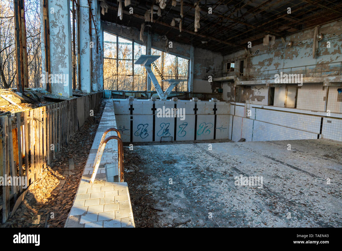 At the Azure Swimming Pool, Pripyat, Ukraine, inside the Chernobyl Exclusion Zone Stock Photo