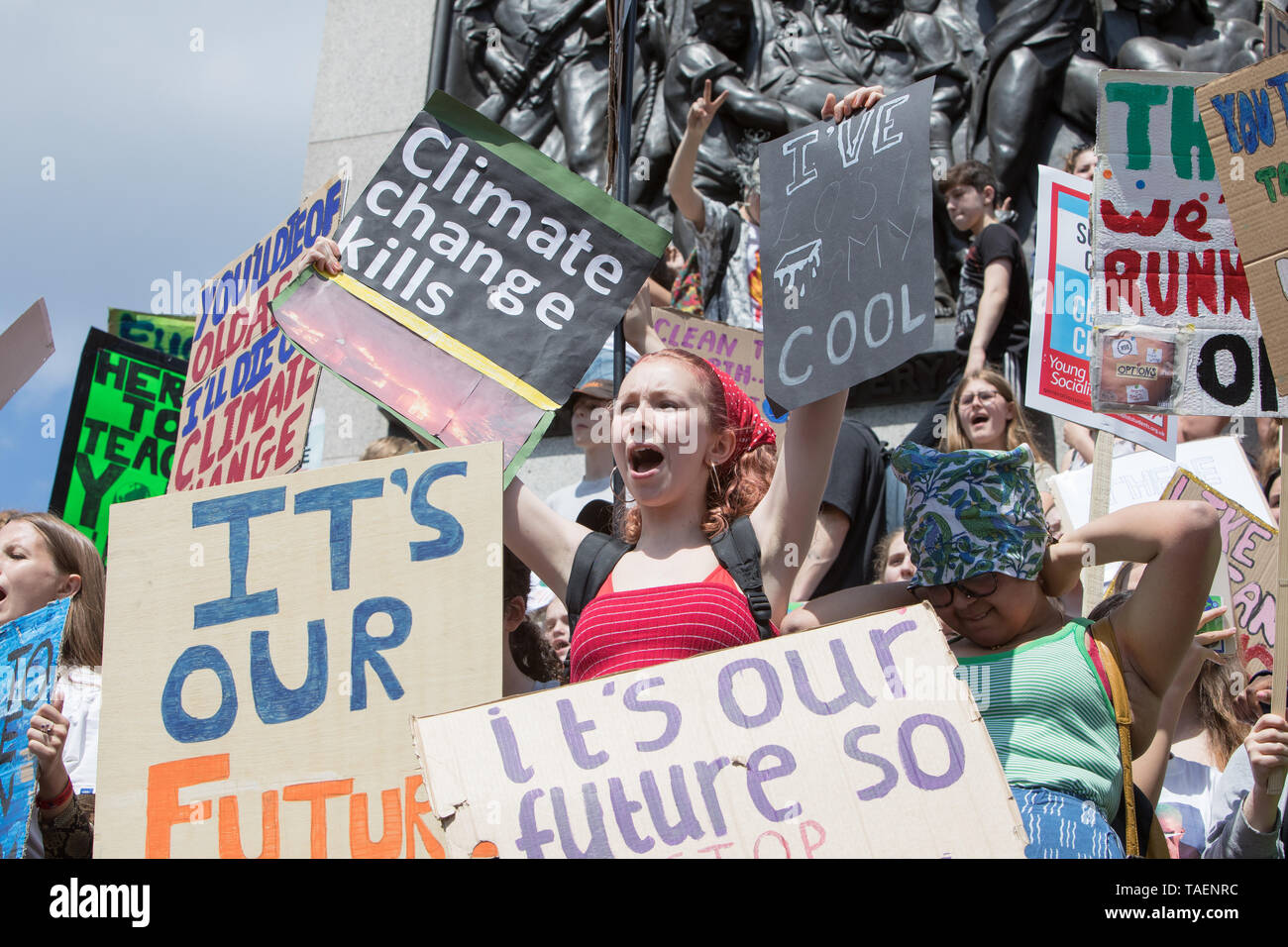 London, UK. 24 May 2019. Thousand of demonstrators gather in Parliament Square, Westminster. The students demand that climate and ecological crisis becomes part of the government agenda. They stage a sit down protest outside the Department of Education before marching on to Trafalgar Square. Stock Photo